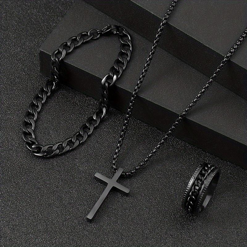 3pcs Men's Fashion Stainless Steel Jewelry Set - Versatile Black Cross Necklace, Adjustable Curb Chain Bracelet and Comfort Fit Ring for Everyday Wear - Classic, Timeless, and Durable Accessories