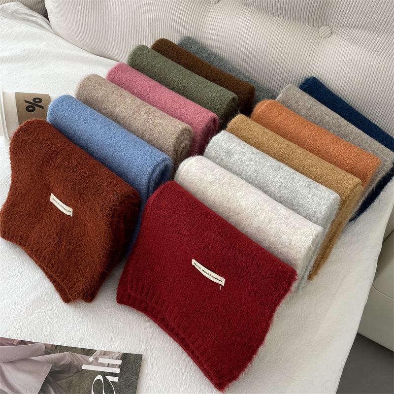 Soft Glutinous Skin-Friendly Pure Color All-Matching Knitted Scarf Women's Winter Warm Wool Scarf Comfortable White Student Couple Korean