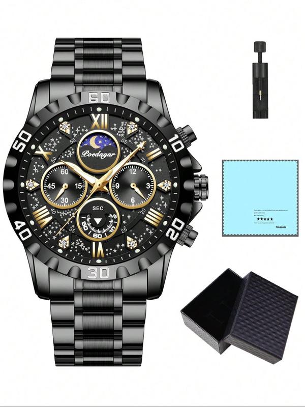 Men's Business Fashion Round Dial Analog Quartz Watch, Fashion Moon & Star Design Watch for Party, Daily Clothing Decor, Trendy Waterproof & Luminous Watch for Birthday Gift with Box