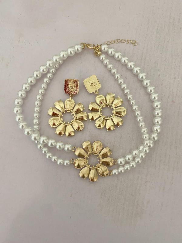 Faux Pearl & Rhinestone Decorated Flower Design Jewelry Set, Elegant Tiered Layer Necklace & Dangle Earrings, Fashion Jewelry Accessories for Women