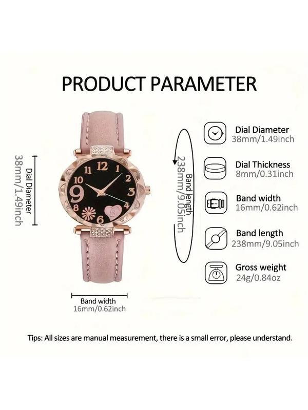 Women's Elegant Heart Flower Rhinestone Decor Quartz Watch & Bracelet, Exquisite Trendy Analog Wristwatch & Star Decor Bangle, Fashionable Watch Set As Gift