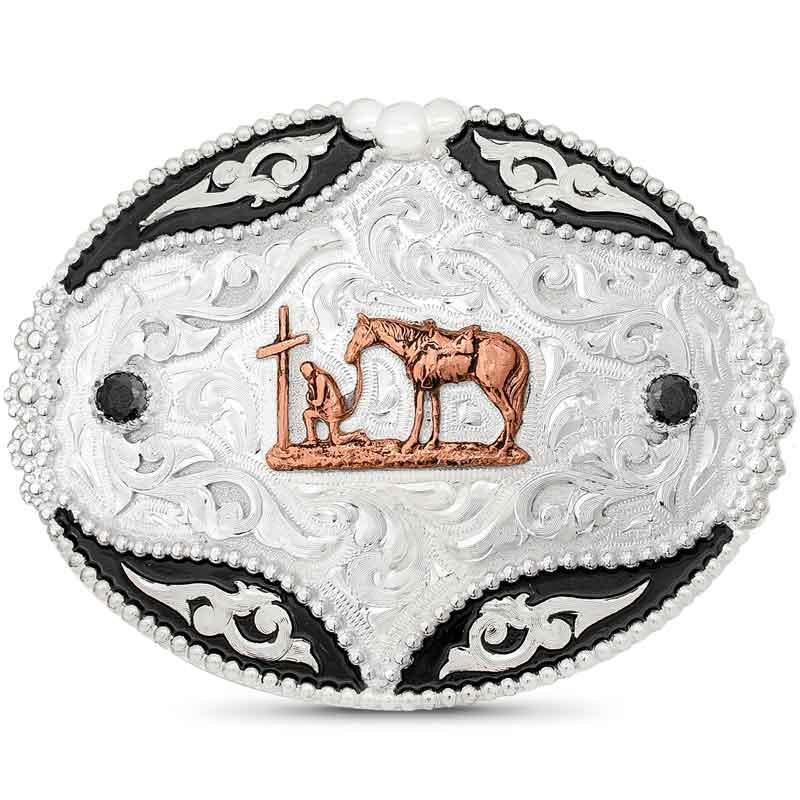 Praying Cowboy Belt Buckle | Hand Engraved German Silver Scrollwork, Bronze Copper Praying Cowboy Figure, Western Style