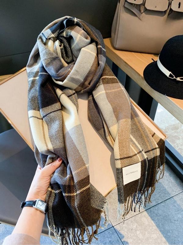 Women's Plaid Pattern Fringe Trim Scarf, Casual Soft Warm Shawl for Fall & Winter, Fashion Accessories for Daily Wear