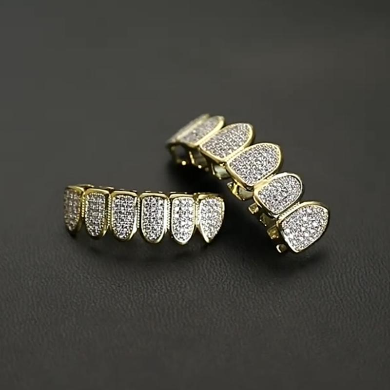 2Pcs Set Hip Hop Cubic Zirconia Teeth Grills Punk Tooth Caps for Rappers and Cosplayers