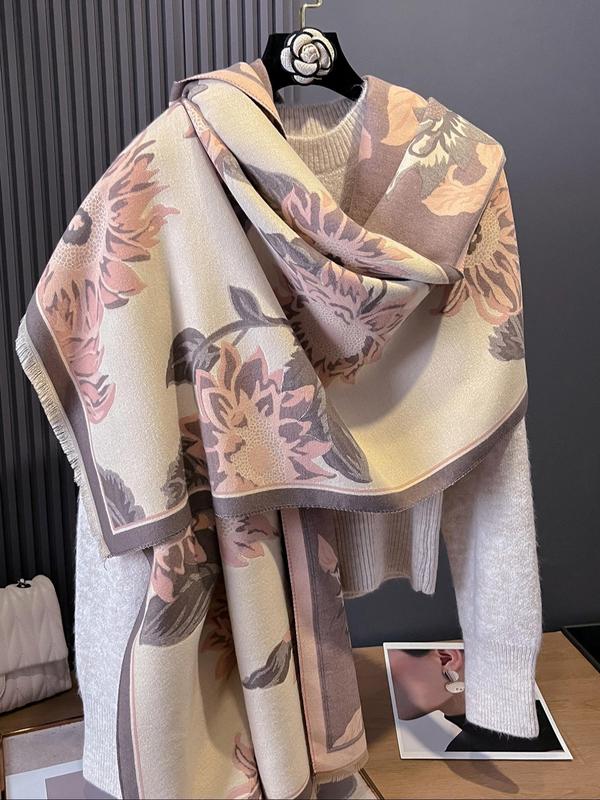 Floral Print Fringe Trim Shawl, Casual Soft Warm Double Sided Scarf for Fall & Winter, Fashion Accessories for Women & Men