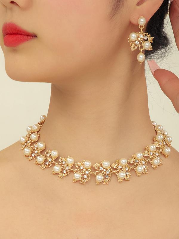 Faux Pearl & Rhinestone Decor Chocker Necklace & Dangle Earrings, Elegant Women Wedding Bridal Jewelry Set