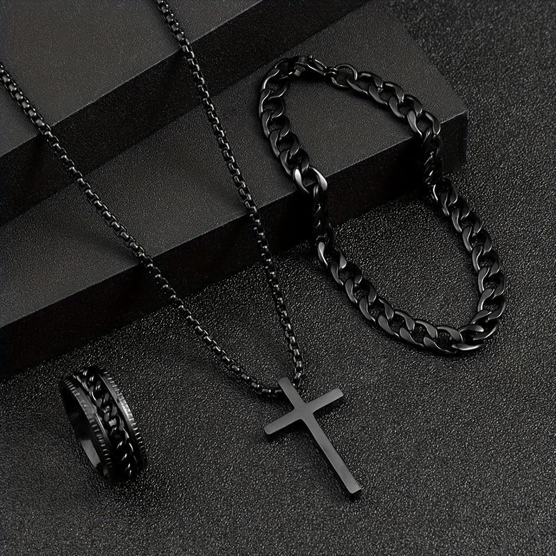 3pcs Men's Fashion Stainless Steel Jewelry Set - Versatile Black Cross Necklace, Adjustable Curb Chain Bracelet and Comfort Fit Ring for Everyday Wear - Classic, Timeless, and Durable Accessories