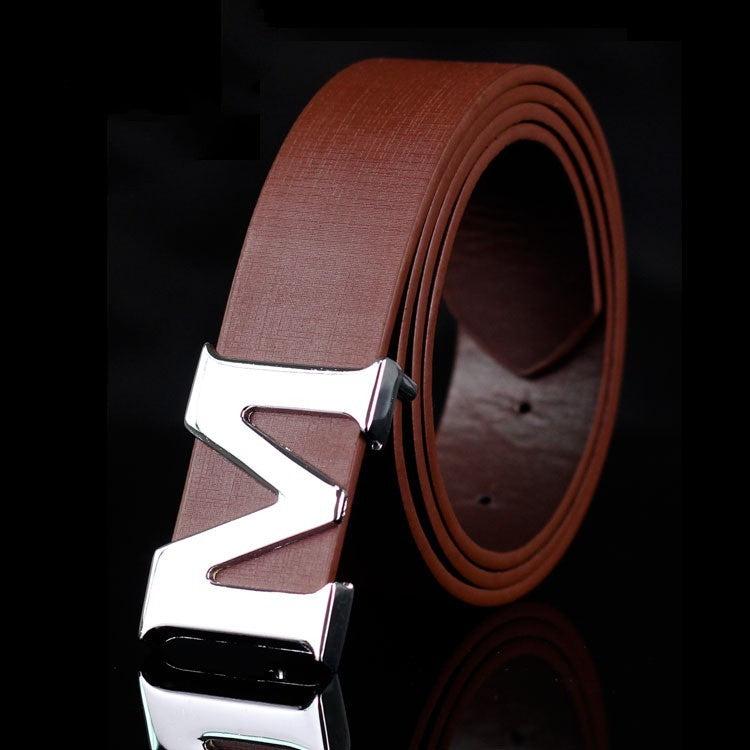 Men's Style Letter M Smooth Buckle Casual Pants Youth Belt Pure White