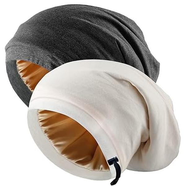 2 Pcs Silk Satin Bonnet Hair Wrap for Sleeping, 2 Pcs Adjustable Bonnets for Women Men Sleep Silk Lined Slouchy with Adjustable Strap Curly Head Scarf Night Caps