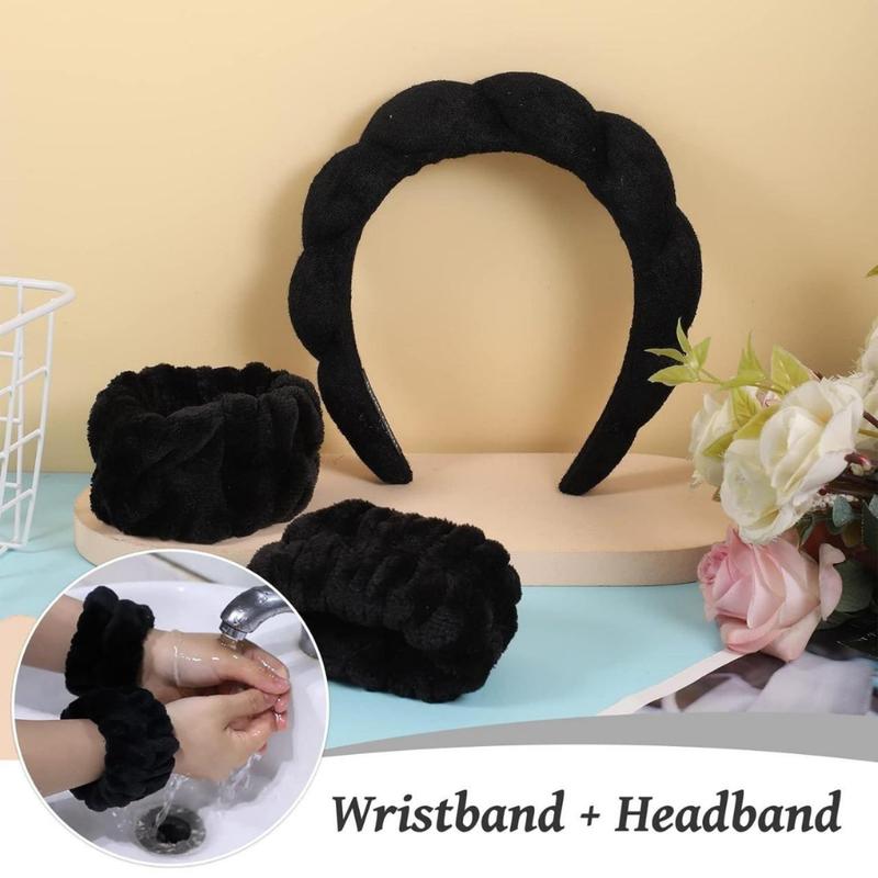 Sponge Spa Headband for Women, Black Makeup Headband and Wrist Washband Set for Face Washing, Skincare, Shower, Makeup Removal(Creative Life Pavilion)