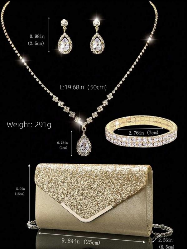 Women's Elegant Rhinestone Decorated Evening Bag with Jewelry Set, Including Shining Envelope Evening Bag & Water Drop Dangle Earring & Pendant Necklace & Bracelet