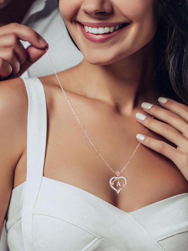 Heart Shaped Letter Charm Pendant Necklace , Elegant Rhinestone Decor Necklace for Women & Girls, Fashion Jewelry for Party, Daily Decor, Trendy All-match & Exquisite Jewelry for Birthday Gift