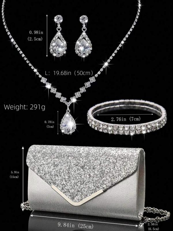 Women's Elegant Rhinestone Decorated Evening Bag with Jewelry Set, Including Shining Envelope Evening Bag & Water Drop Dangle Earring & Pendant Necklace & Bracelet