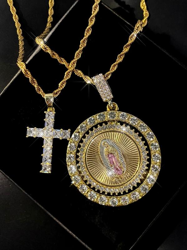 Virgin Mary Pendant Rope Chain & Cross Pendant Necklace, Charm Necklace, Necklaces for Women, Rhinestone Decor Layered Necklace, Fashion Jewelry Accessories for Women & Men