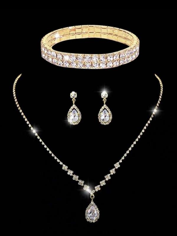 Women's Elegant Rhinestone Decorated Evening Bag with Jewelry Set, Including Shining Envelope Evening Bag & Water Drop Dangle Earring & Pendant Necklace & Bracelet