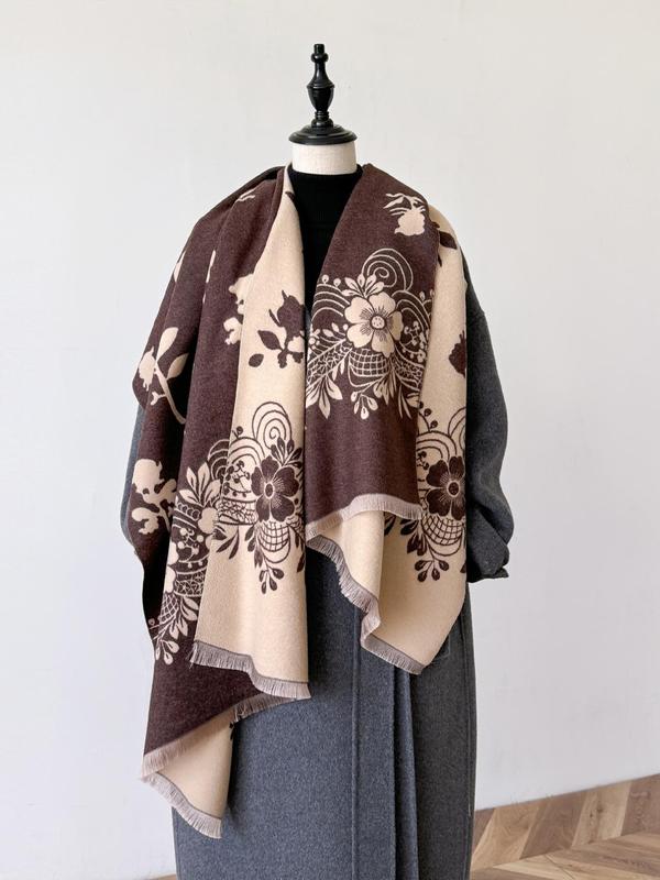 Floral Print Tassel Decor Shawl, Casual Soft Warm Double Sided Scarf for Fall & Winter, Fashion Accessories for Women & Men