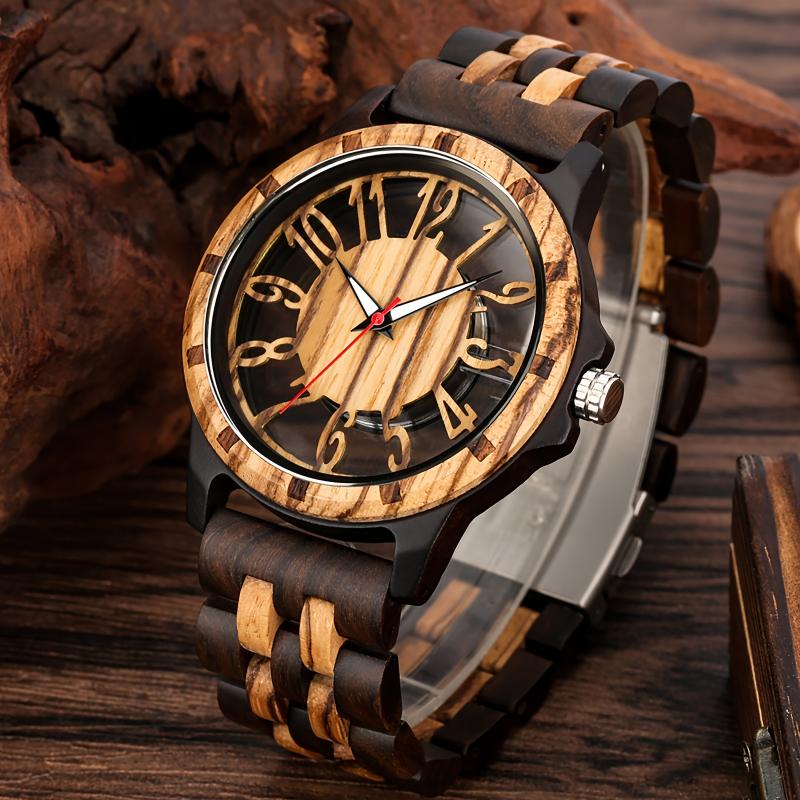 Unique Wooden Quartz Men's Watch - Round, Colorful Hollowed Out Arabic Numeral Dial, Electronic Quartz Movement, Natural Wood Strap, Casual Style