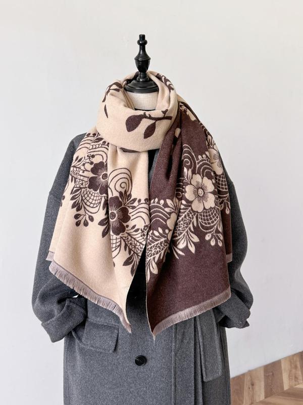 Floral Print Tassel Decor Shawl, Casual Soft Warm Double Sided Scarf for Fall & Winter, Fashion Accessories for Women & Men