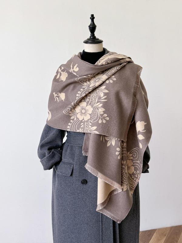 Floral Print Tassel Decor Shawl, Casual Soft Warm Double Sided Scarf for Fall & Winter, Fashion Accessories for Women & Men