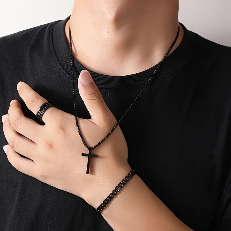 3pcs Men's Fashion Stainless Steel Jewelry Set - Versatile Black Cross Necklace, Adjustable Curb Chain Bracelet and Comfort Fit Ring for Everyday Wear - Classic, Timeless, and Durable Accessories