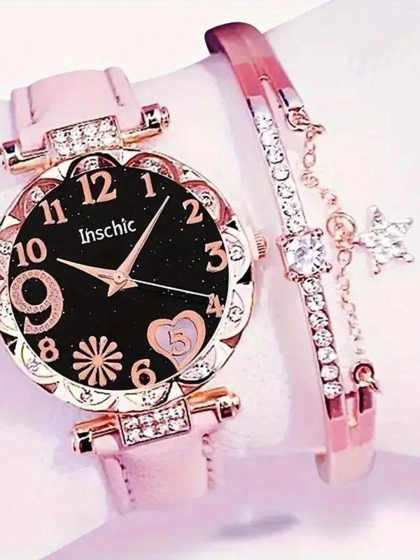 Women's Elegant Heart Flower Rhinestone Decor Quartz Watch & Bracelet, Exquisite Trendy Analog Wristwatch & Star Decor Bangle, Fashionable Watch Set As Gift