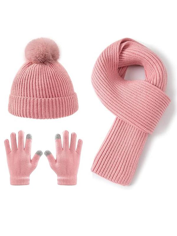 Women's Solid Color Beanie Hat & Scarf & Gloves Set, Casual Pom Pom Decor Warm Knit Hat & Long Scarf & Touchscreen Gloves for Fall & Winter