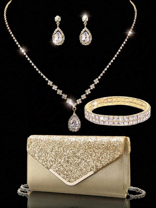 Women's Elegant Rhinestone Decorated Evening Bag with Jewelry Set, Including Shining Envelope Evening Bag & Water Drop Dangle Earring & Pendant Necklace & Bracelet