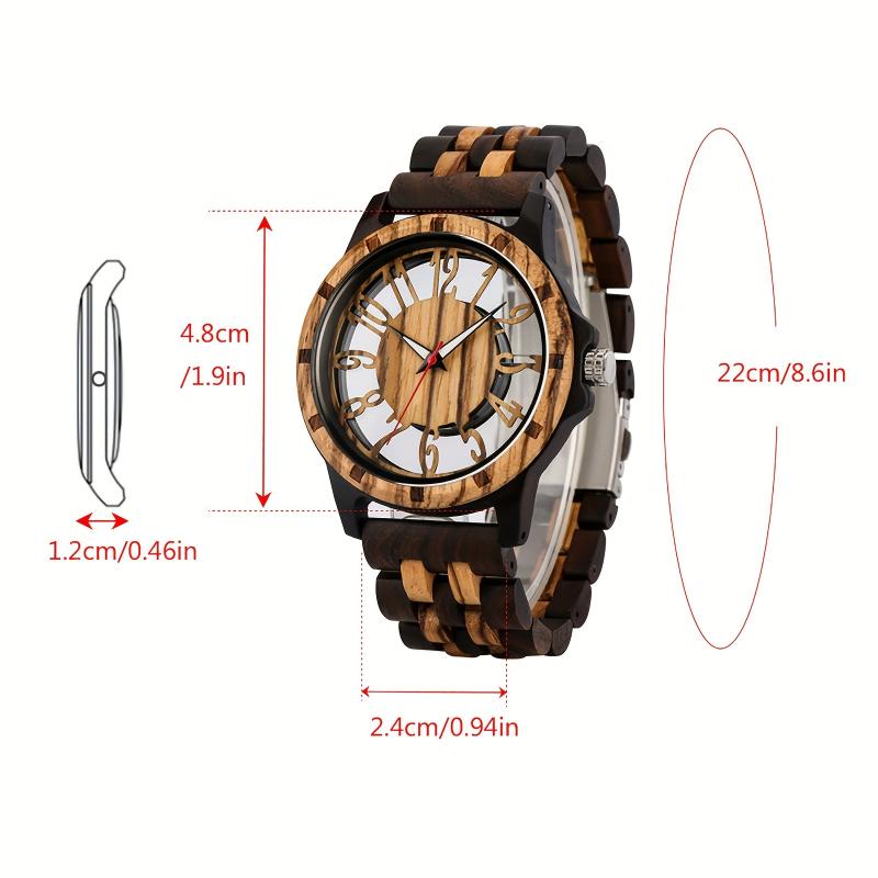 Unique Wooden Quartz Men's Watch - Round, Colorful Hollowed Out Arabic Numeral Dial, Electronic Quartz Movement, Natural Wood Strap, Casual Style