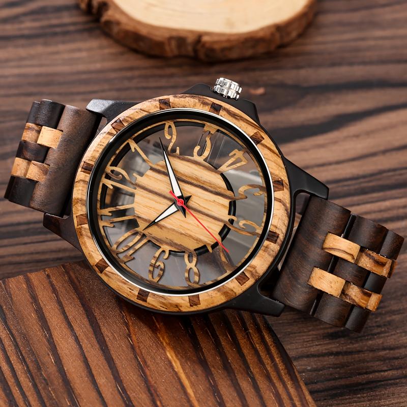 Unique Wooden Quartz Men's Watch - Round, Colorful Hollowed Out Arabic Numeral Dial, Electronic Quartz Movement, Natural Wood Strap, Casual Style