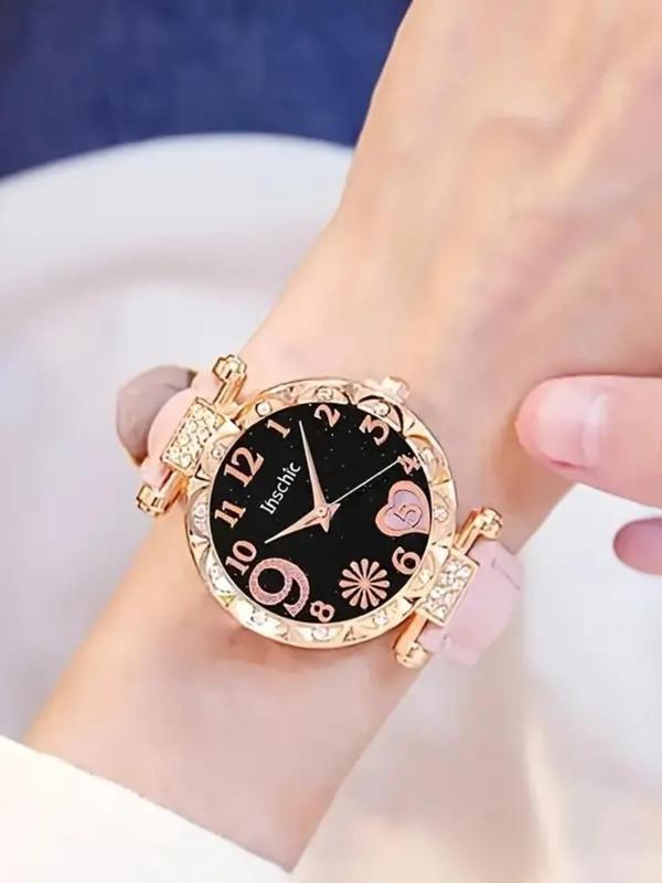 Women's Elegant Heart Flower Rhinestone Decor Quartz Watch & Bracelet, Exquisite Trendy Analog Wristwatch & Star Decor Bangle, Fashionable Watch Set As Gift