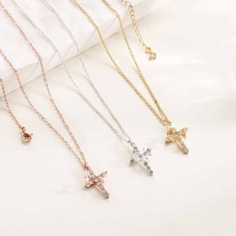 Tewiky Simple Crown Cross Pendant Gold Silver Rose Gold Necklace for Women&Men & Girls Pretty Choker Daily Clothing Decor All-match Exquisite Jewelry