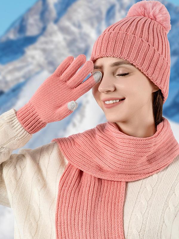 Women's Solid Color Beanie Hat & Scarf & Gloves Set, Casual Pom Pom Decor Warm Knit Hat & Long Scarf & Touchscreen Gloves for Fall & Winter