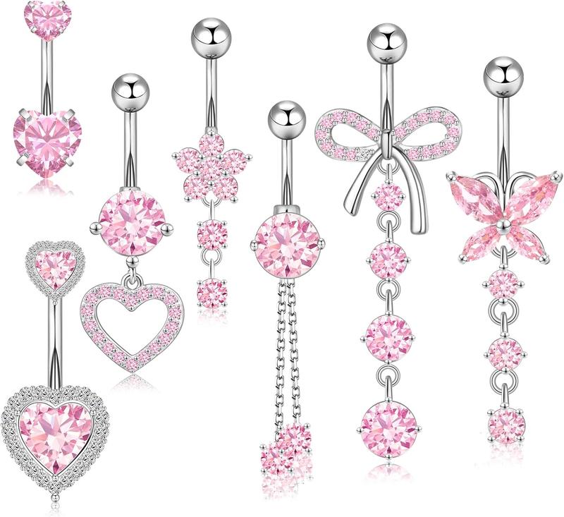 14G Belly Button Ring Dangle Belly Button Piercing Surgical Stainless Steel Belly Rings Cute CZ Heart Butterfly Flower Dangling Belly Piercing Jewelry for Women 7 count