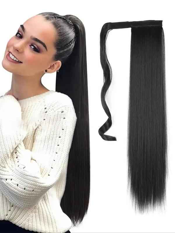 26 Inch Long Straight Ponytail Extension, Natural Fluffy Synthetic Heat Resistant Fiber Hair Wigs Hairpiece for Women, Heat Resistant Wrap Around Ponytail Black Hairpiece for Daily Use