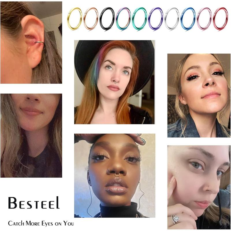 BESTEEL 10 Pcs 16G 18G Hinged Clicker Nose Rings Helix Cartilage Daith Hoop Earrings for Women Men Septum Tragus Sleeper Conch Piercing Earring Set 8-12MM