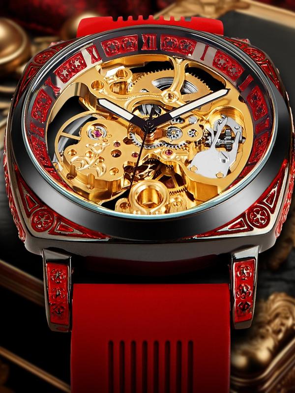 Men's Vintage Flower Embossed Watch, Business Style Analog Mechanical Watch, Trendy Wristwatch, Fashionable Watch for Daily & Party Decoration, Perfect for Men for Birthday Gift with Box