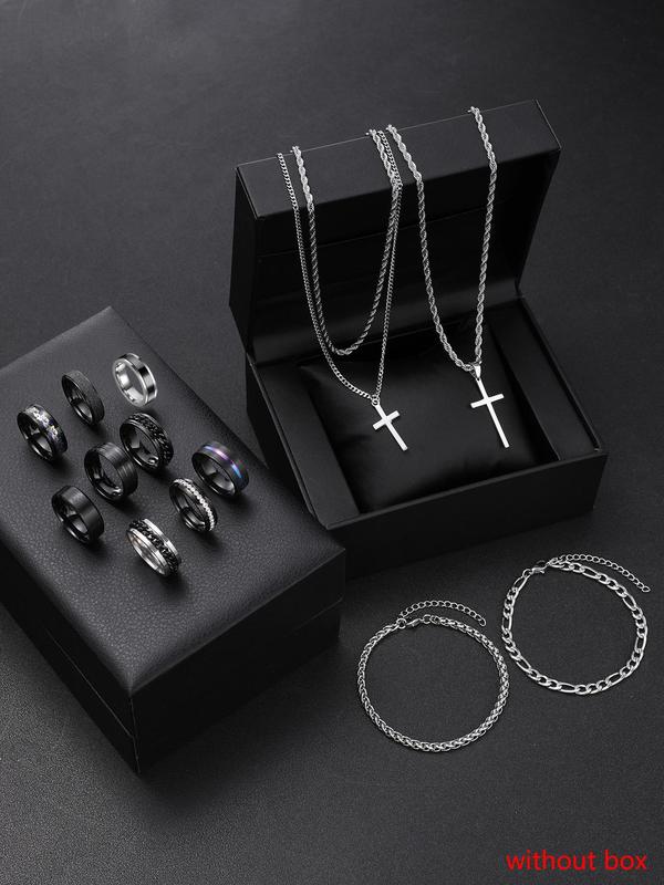 Men's Punk Style Cross Pendant Necklace & Chain Bracelet & Rhinestone Decor Ring, Fashion Jewelry for Party, Daily Decor, Trendy All-match & Exquisite Jewelry for Birthday Gift, without Box