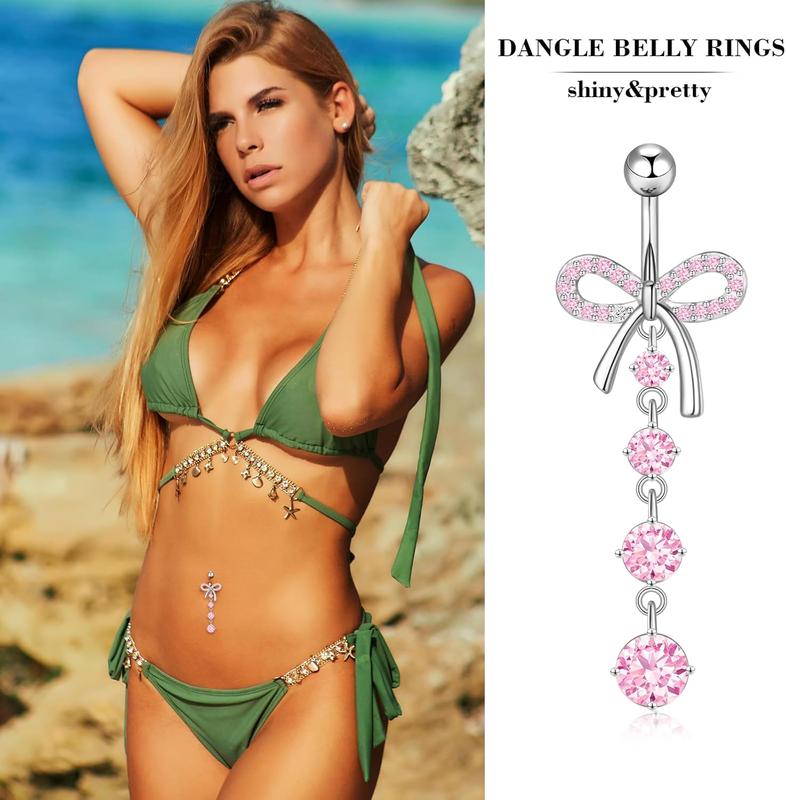 14G Belly Button Ring Dangle Belly Button Piercing Surgical Stainless Steel Belly Rings Cute CZ Heart Butterfly Flower Dangling Belly Piercing Jewelry for Women 7 count