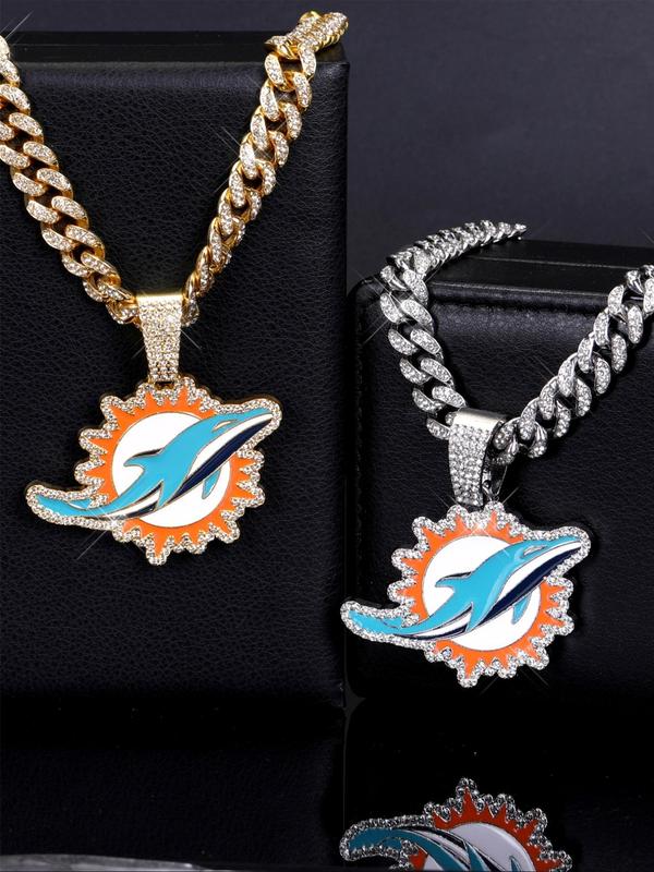 Rhinestone Decor Dolphins Pendant Necklace, Cuban Link Chain Necklace for Men & Women, Stainless Steel Jewelry for Party, Daily Decor, Trendy All-match & Exquisite Jewelry for Gift