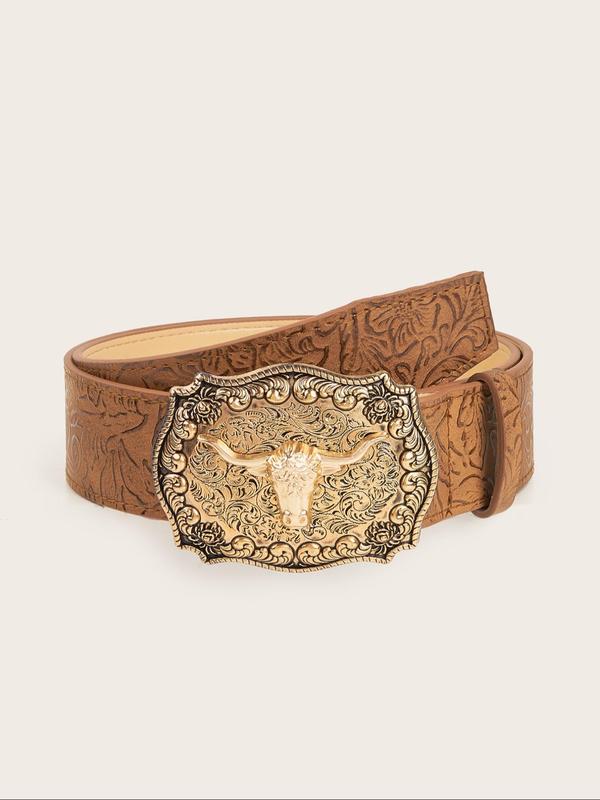 Women's Vintage Cow Head Decor Western Belt, Fashionable Ethnic Pattern Belt for Daily Clothing Decor, Trendy All-match & Exquisite Belt for Birthday Gift