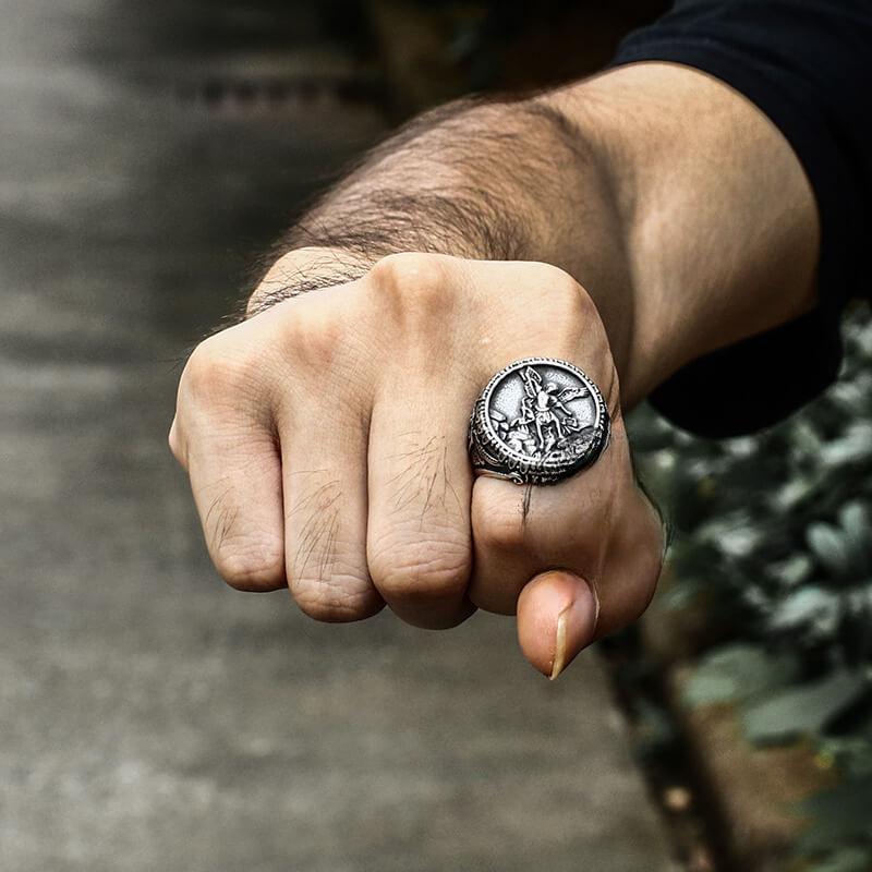 Archangel Saint Michael stainless steel men's ring handmade, suitable for men's birthday gift