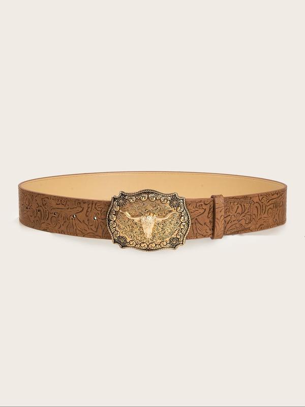 Women's Vintage Cow Head Decor Western Belt, Fashionable Ethnic Pattern Belt for Daily Clothing Decor, Trendy All-match & Exquisite Belt for Birthday Gift