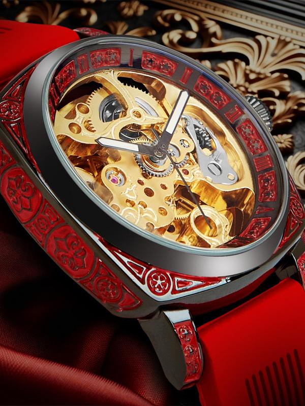 Men's Vintage Flower Embossed Watch, Business Style Analog Mechanical Watch, Trendy Wristwatch, Fashionable Watch for Daily & Party Decoration, Perfect for Men for Birthday Gift with Box