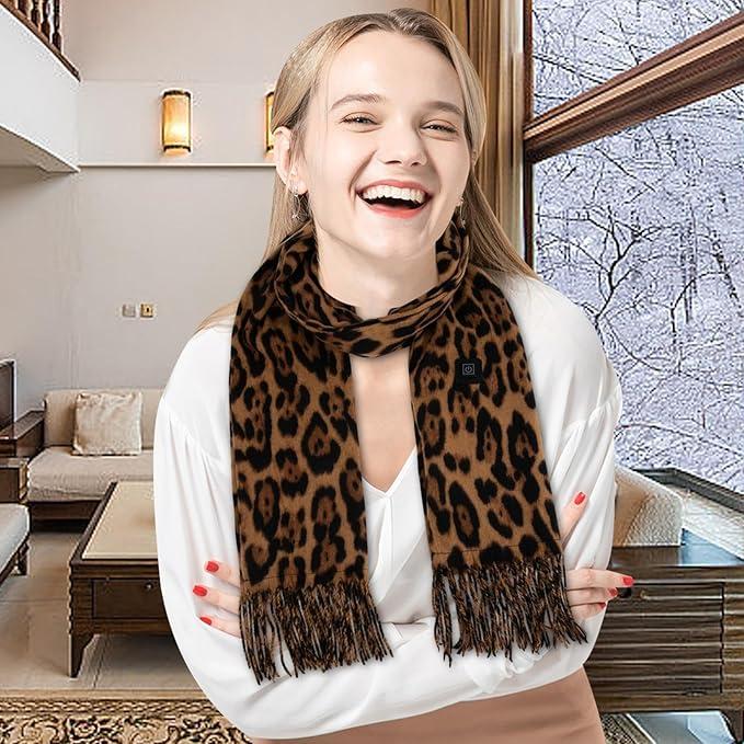 Women's Heated Scarf with Leopard Print Design, USB Rechargeable Neck Heating Pad, 3 Temperature Settings, Soft and Washable Material