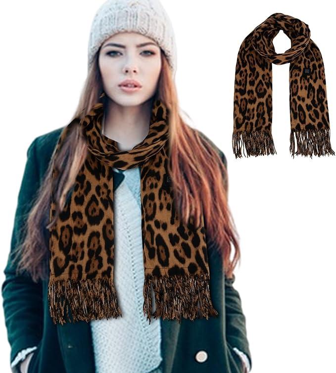 Women's Heated Scarf with Leopard Print Design, USB Rechargeable Neck Heating Pad, 3 Temperature Settings, Soft and Washable Material