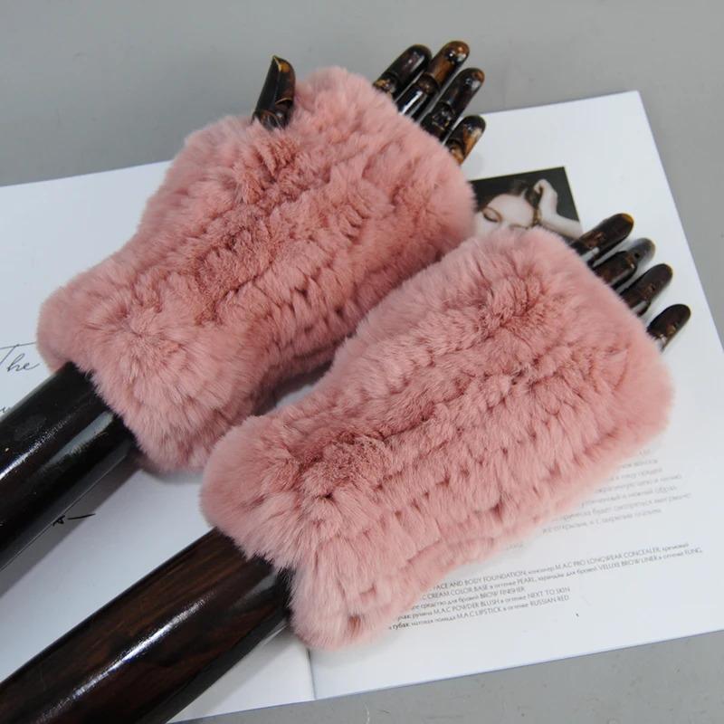 New Arrival Women Knit Fur Mitten Girls 100% Real Genuine Knitted Rex Rabbit Fur Mitten's Winter Warm Real Fur Fingerless Gloves