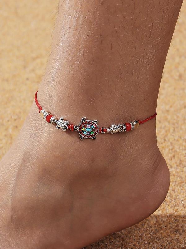 Women's Boho Style Cute Turtle Charm Anklet, Trendy Vintage Drawstring Anklet, Chic Retro Body Jewelry for Summer Beach Decor