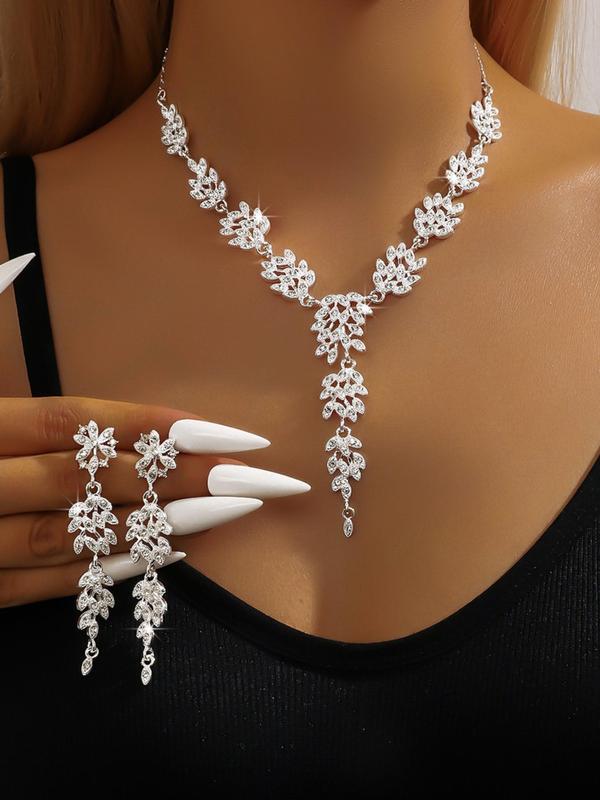 Women's Elegant Rhinestone Decorated Flower Design Necklace & Dangle Earrings, Exquisite Trendy Jewelry Set, Fashionable Accessories for Party & Daily  Decor