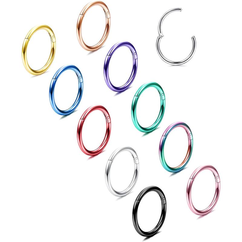 BESTEEL 10 Pcs 16G 18G Hinged Clicker Nose Rings Helix Cartilage Daith Hoop Earrings for Women Men Septum Tragus Sleeper Conch Piercing Earring Set 8-12MM