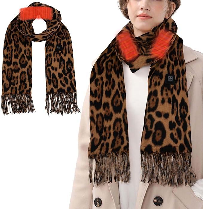 Women's Heated Scarf with Leopard Print Design, USB Rechargeable Neck Heating Pad, 3 Temperature Settings, Soft and Washable Material